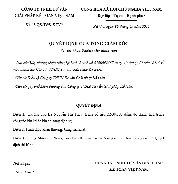 Mẫu quyết định khen thưởng mới được sử dụng nhiều nhất 2020