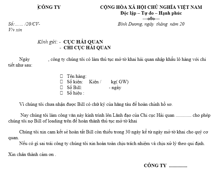 Mẫu công văn nợ bill mở TKHQ