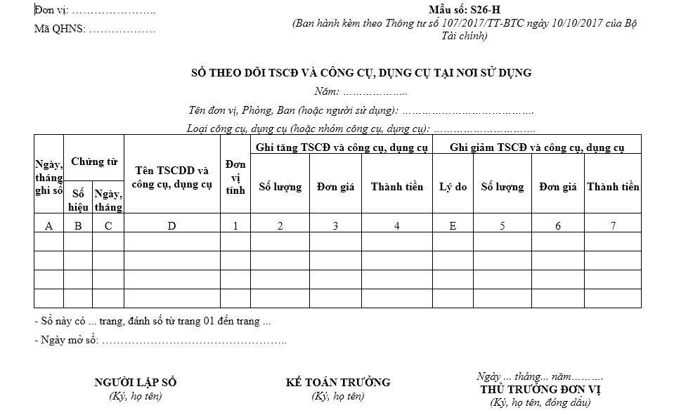 Mẫu sổ theo dõi TSCĐ, CCDC tại nơi sử dụng - Mẫu S22-DN