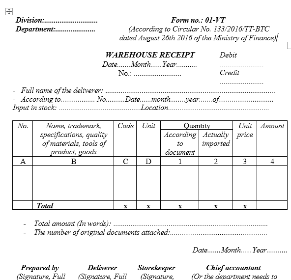 Mẫu phiếu nhập kho - TIẾNG ANH theo TT133/2016/TT-BTC ngày 26/08/2016 của Bộ Tài chính