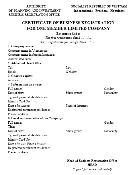 Mẫu giấy đăng ký kinh doanh Công ty TNHH MTV - TIẾNG ANH