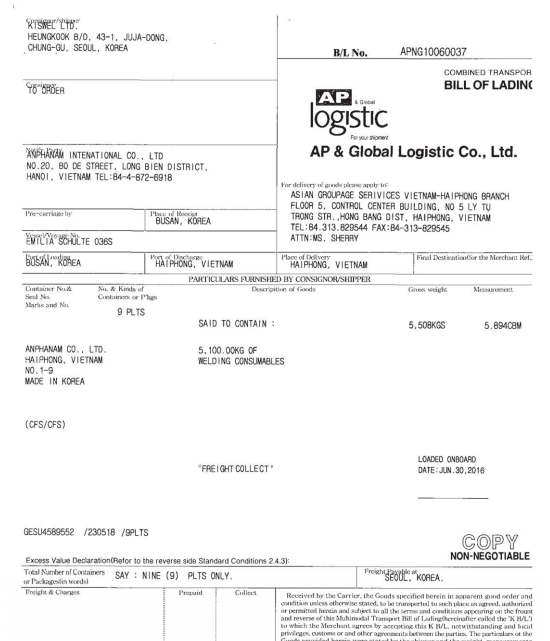 Mẫu vận đơn đường biển (Bill of lading - B/L) - Hàng LCL, freight collect