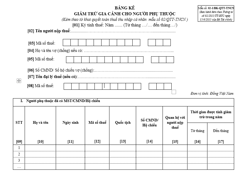 Mẫu số 02/QTT-TNCN - Bảng kê giảm trừ gia cảnh cho người phụ thuộc