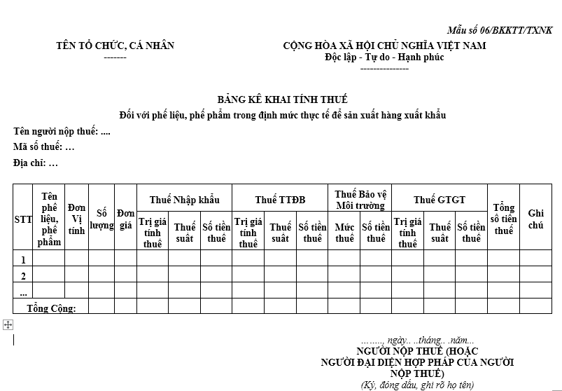 Mẫu bảng kê khai tính thuế đối với phế liệu, phế phẩm trong định mức thực tế để sản xuất hàng xuất khẩu