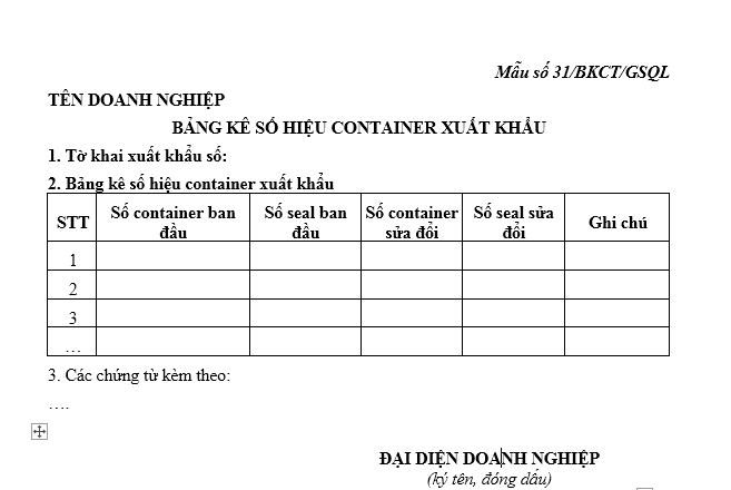 Mẫu bảng kê số hiệu container xuất khẩu
