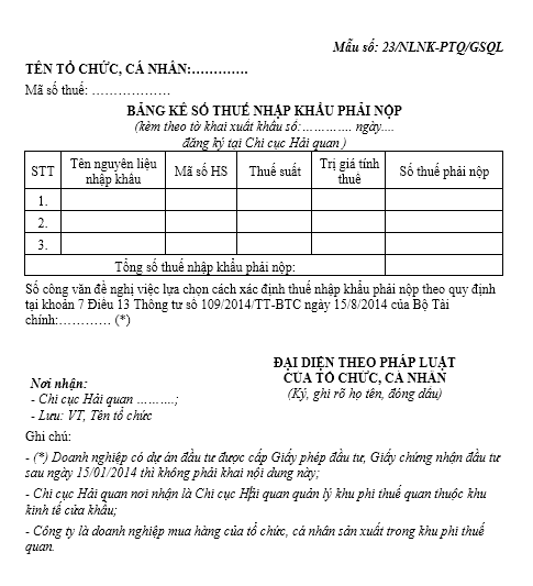 Mẫu bảng kê số thuế nhập khẩu phải nộp