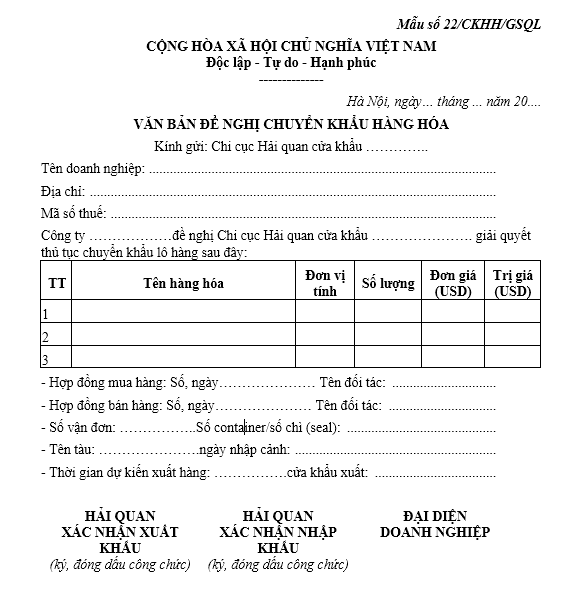 Mẫu văn bản đề nghị chuyển khẩu hàng hóa