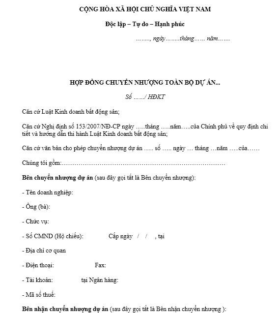 Mẫu hợp đồng chuyển nhượng toàn bộ dự án đầu tư