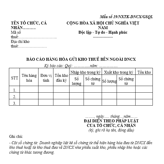 Mẫu báo cáo hàng hóa gửi kho thuê bên ngoài DNCX