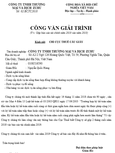 Mẫu CV xin gộp BCTC vào năm sau