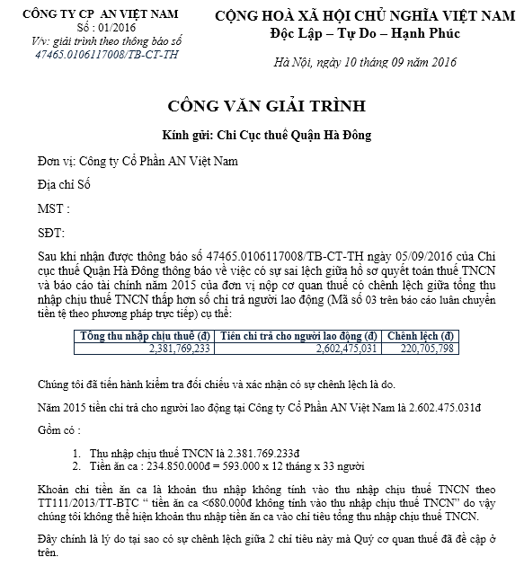 Mẫu CV giải trình sai số thuế TNCN