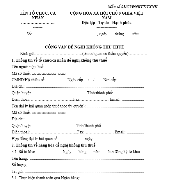 Mẫu công văn đề nghị không thu thuế