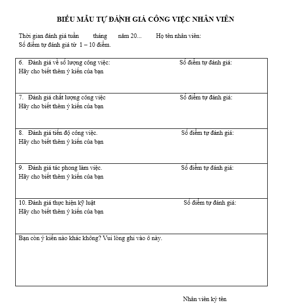 Mẫu bảng tiêu chí đánh giá nhân viên