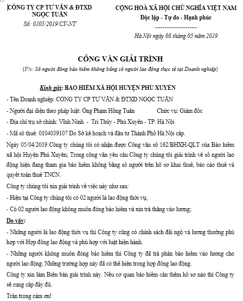 Mẫu CV giải trình số đóng BHXH không bằng số người lao động thực hiện trên sổ sách