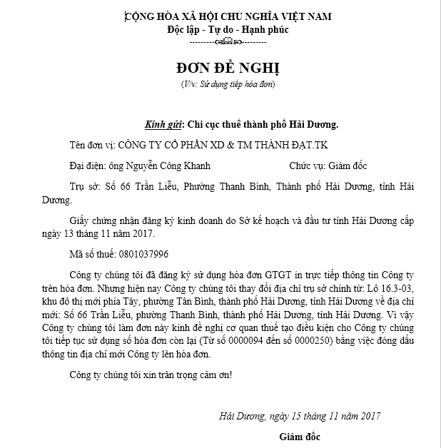 Mẫu CV xin sử dụng hóa đơn cũ khi doanh nghiệp thay đổi trụ sở