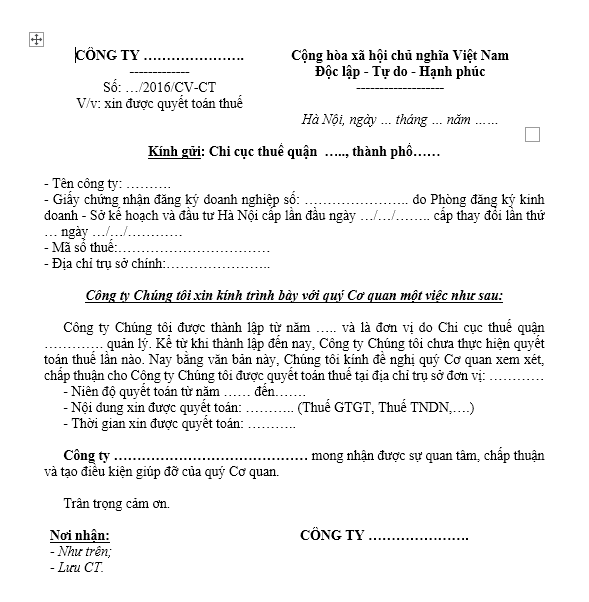 Mẫu CV xin quyết toán thuế