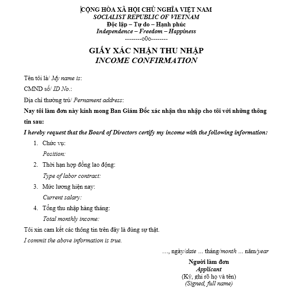 Mẫu giấy xác nhận thu nhập cá nhân - SONG NGỮ