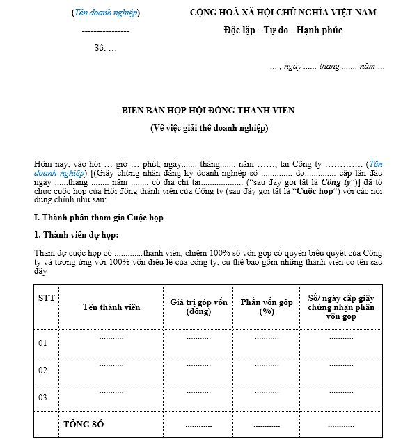 Mẫu biên bản họp hội đồng thành viên về việc giải thể công ty TNHH hai thành viên trở lên