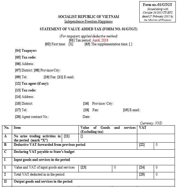 Mẫu tờ khai thuế GTGT - TIẾNG ANH