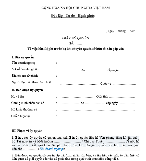 Mẫu giấy ủy quyền khai lệ phí trước bạ khi chuyển quyền sở hữu tài sản góp vốn