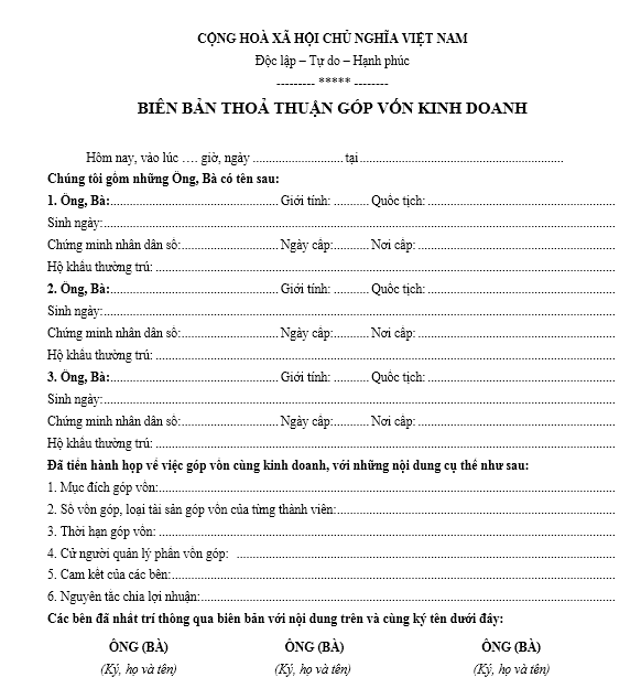 Mẫu biên bản thỏa thuận góp vốn kinh doanh