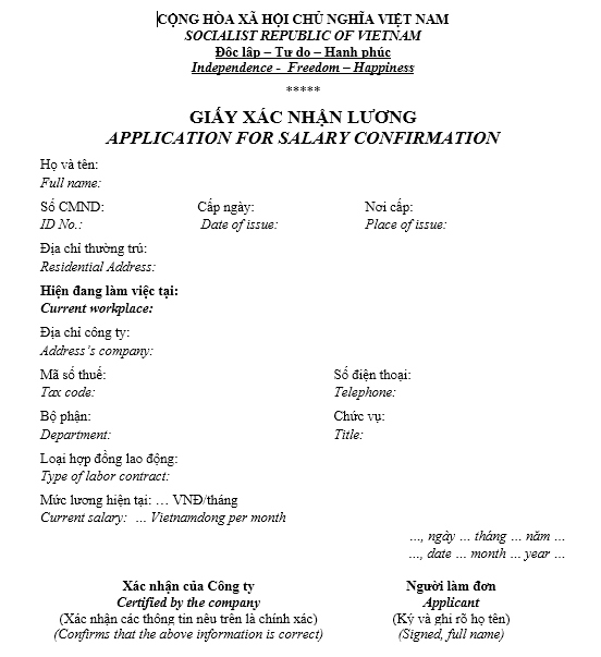 Mẫu giấy xác nhận lương - SONG NGỮ