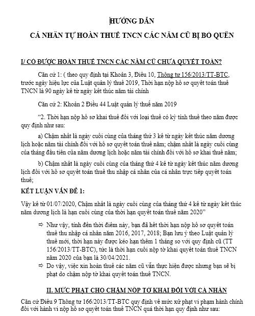 Hướng dẫn cá nhân tự hoàn thuế TNCN các năm cũ bị bỏ quyên