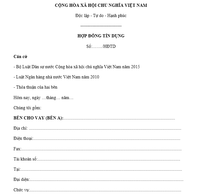 Mẫu hợp đồng tín dụng với ngân hàng