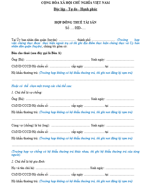 Mẫu hợp đồng thuê tài sản mới nhất