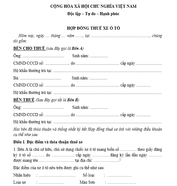 Mẫu hợp đồng thuê xe ô tô mới nhất