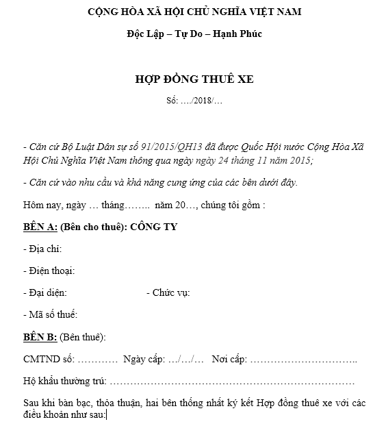 Mẫu hợp đồng thuê xe ô tô dài hạn mới nhất