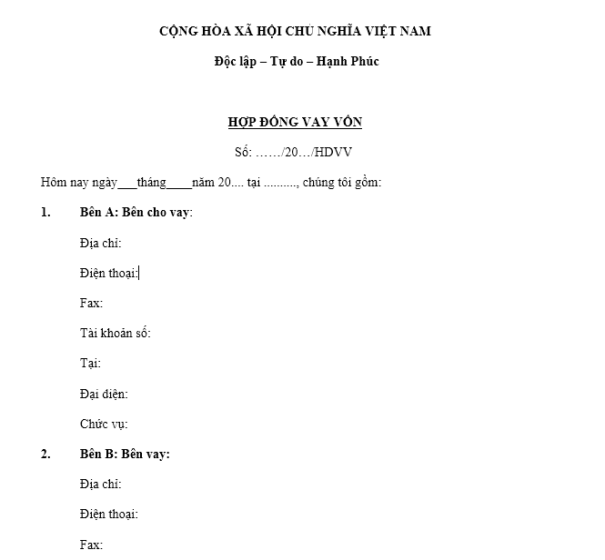 Mẫu hợp đồng vay vốn mới nhất