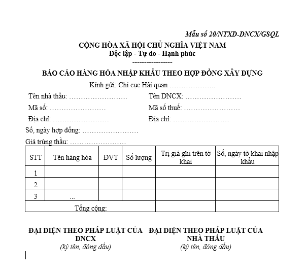 Mẫu báo cáo hàng hóa nhập khẩu theo hợp đồng xây dựng
