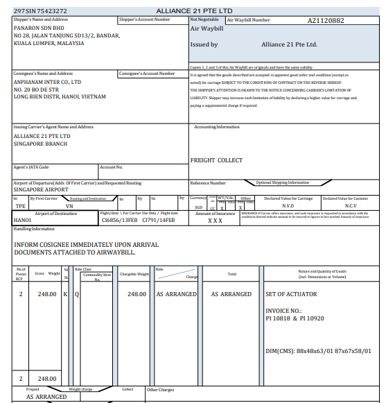 Mẫu vận đơn hàng không (Airway bill - AWB) - Nhập khẩu từ Singapore