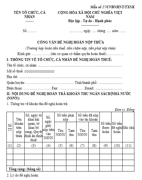 Mẫu công văn đề nghị hoàn nộp thừa (Trường hợp hoàn tiền thuế, tiền chậm nộp, tiền phạt nộp thừa)
