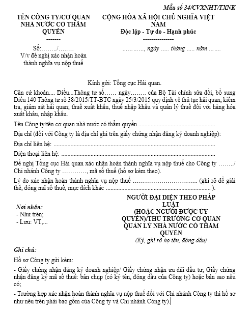 Công văn về việc đề nghị xác nhận hoàn thành nghĩa vụ nộp thuế
