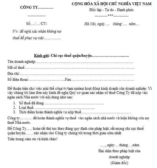 Mẫu CV xác nhận không nợ thuế