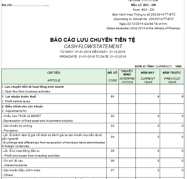 Mẫu báo cáo lưu chuyển tiền tệ theo PP gián tiếp - SONG NGỮ – Thông tư TT200/2014/TT-BTC ngày 22/12/2014 của Bộ Tài chính