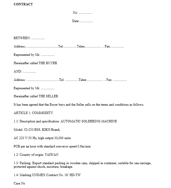 Mẫu hợp đồng nhập khẩu máy móc - SONG NGỮ