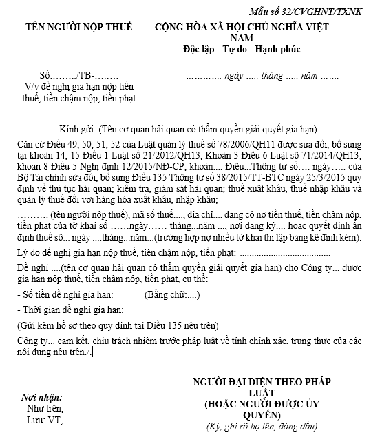 Biểu mẫu đề nghị gia hạn nộp tiền thuế, tiền chậm nộp, tiền phạt