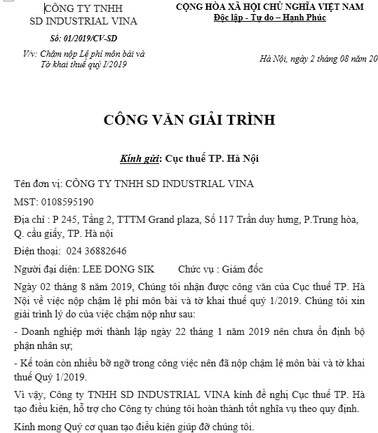 Mẫu CV giải trình nộp muộn tờ khai
