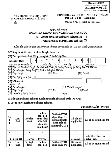 Mẫu CV đề nghị hoàn trả ngân sách Nhà nước