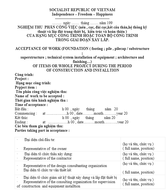 Mẫu biên bản nghiệm thu phần công việc - TIẾNG ANH