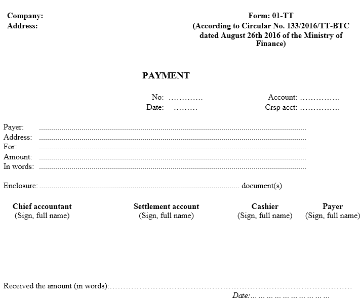 Mẫu phiếu chi - TIẾNG ANH theo TT133/2016/TT-BTC ngày 26/08/2016 của Bộ Tài chính