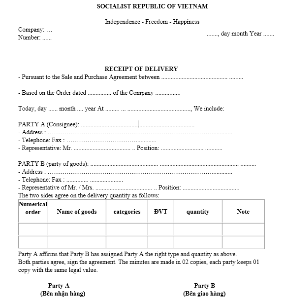 Mẫu biên bản giao nhận hàng hóa - TIẾNG ANH