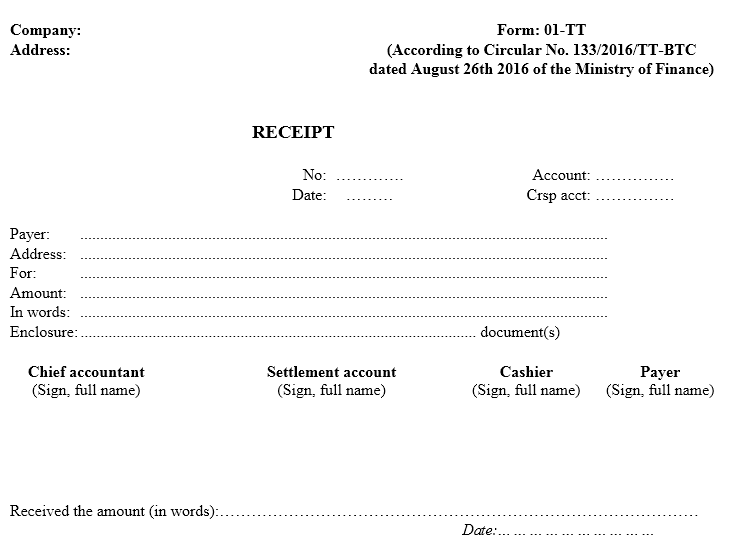 Mẫu phiếu thu TIẾNG ANH theo TT133/2016/TT-BTC ngày 26/08/2016 của Bộ Tài chính