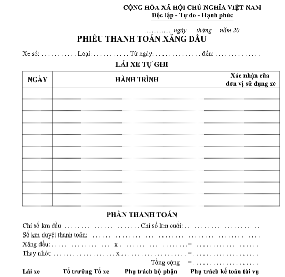 Mẫu phiếu thanh toán xăng dầu