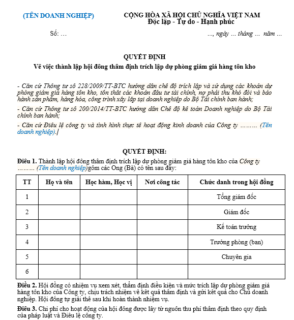 Mẫu quyết định thành lập hội đồng thẩm định trích lập dự phòng giảm giá hàng tồn kho trong Công ty Cổ phần