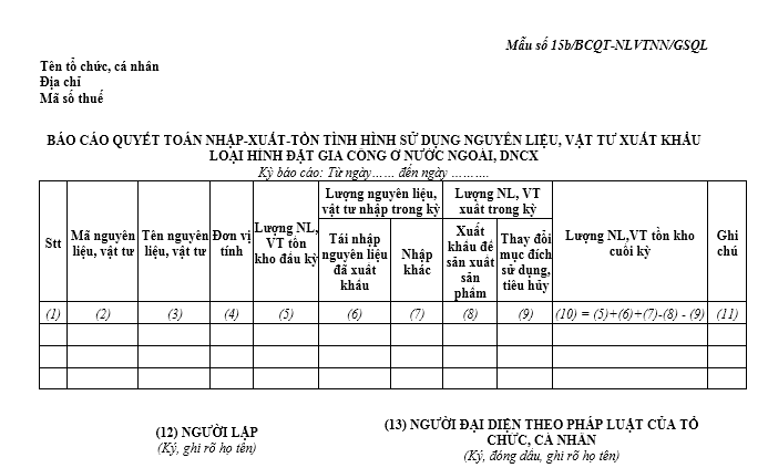 Mẫu báo cáo quyết toán nhập-xuất-tồn kho tình hình sử dụng nguyên liệu, vật tư xuất khẩu loại hình đặt gia công ở nước ngoài, DNCX