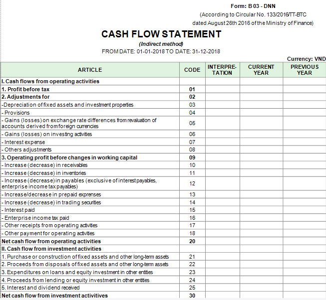 Mẫu báo cáo lưu chuyển tiền tệ theo PP gián tiếp - TIẾNG ANH – Thông tư 133/2016/TT-BTC ngày 26/08/2016 của Bộ Tài chính